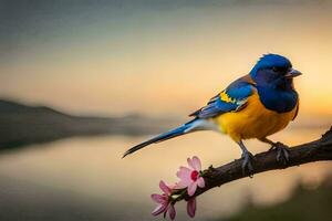 ein Blau und Gelb Vogel sitzt auf ein Ast in der Nähe von ein See. KI-generiert foto