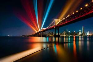 das golden Tor Brücke beim Nacht mit bunt Beleuchtung. KI-generiert foto