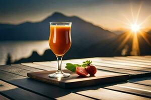 ein Glas von Orange Saft mit Erdbeeren auf ein hölzern Tisch. KI-generiert foto