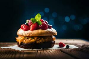 ein Hamburger mit Beeren und Minze auf oben. KI-generiert foto