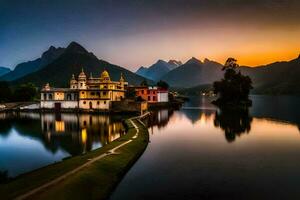 Foto Hintergrund das Himmel, Berge, See, das Stadt, das Tempel, das See, Die. KI-generiert