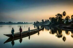 Menschen auf ein Boot im das Fluss beim Sonnenaufgang. KI-generiert foto