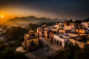 das Sonne setzt Über ein Stadt, Dorf im Indien. KI-generiert foto