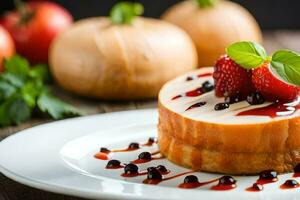 ein Dessert mit Erdbeeren und Sahne auf ein Weiß Platte. KI-generiert foto