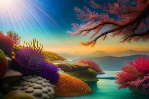 Foto Hintergrund das Himmel, Wasser, Bäume, Koralle, Sonne, Bäume, das Meer, Felsen. KI-generiert