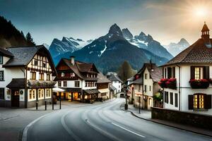 ein Straße im das Berge mit Häuser und Berge im das Hintergrund. KI-generiert foto