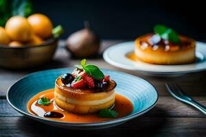 zwei Nachspeisen auf Platten mit Orange Soße. KI-generiert foto