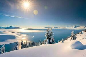 ein schneebedeckt Landschaft mit das Sonne leuchtenden Über ein See. KI-generiert foto