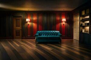 ein Zimmer mit ein Blau Couch und hölzern Etagen. KI-generiert foto