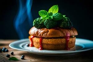 ein Hamburger mit Brokkoli und Soße auf Es. KI-generiert foto