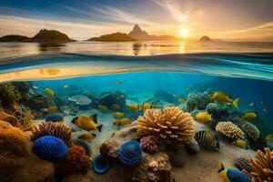 das Sonne steigt an Über das Ozean und ein Koralle Riff. KI-generiert foto