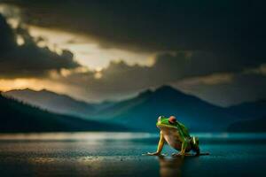 ein Frosch Sitzung auf das Kante von ein See mit Berge im das Hintergrund. KI-generiert foto