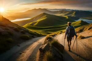 ein Mann mit Rucksack Wandern auf das Straße. KI-generiert foto