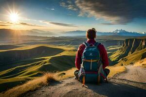 ein Frau mit ein Rucksack sitzt auf ein Hügel mit Blick auf das Berge. KI-generiert foto