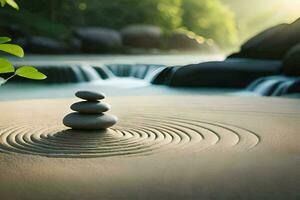 Zen Felsen im das Fluss. KI-generiert foto