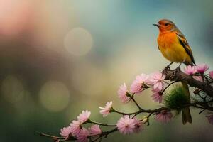 ein Vogel sitzt auf ein Ast mit Rosa Blumen. KI-generiert foto