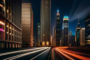 ein Stadt beim Nacht mit Beleuchtung und Verkehr. KI-generiert foto