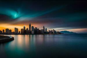 das Stadt Horizont beim Sonnenuntergang mit das Aurora Beleuchtung. KI-generiert foto