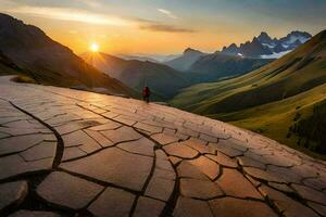 ein Person Gehen auf ein Straße im das Berge beim Sonnenuntergang. KI-generiert foto