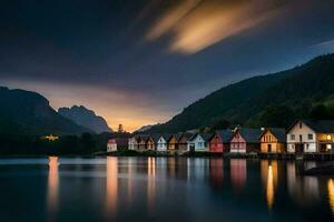 Foto Hintergrund das Himmel, Berge, Wasser, Häuser, das Meer, das Himmel, Norwegen. KI-generiert