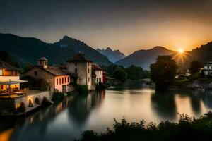 Foto Hintergrund das Himmel, Berge, Fluss, Haus, das Sonne, das Berge, das Fluss. KI-generiert