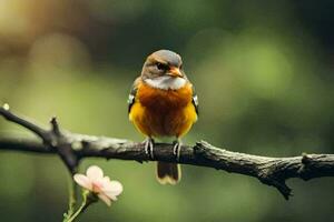 ein klein Vogel ist Sitzung auf ein Ast. KI-generiert foto