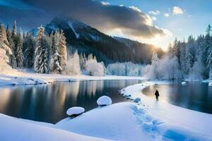 ein Mann Gehen entlang ein schneebedeckt Fluss im das Schnee. KI-generiert foto