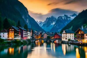 das schön Stadt, Dorf von altenburg im das Alpen beim Sonnenuntergang. KI-generiert foto