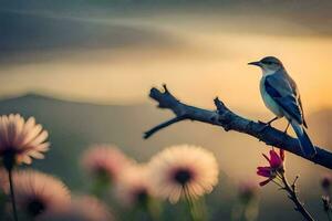 ein Vogel sitzt auf ein Ast im Vorderseite von ein Sonnenuntergang. KI-generiert foto