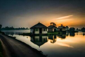 ein schön Sonnenaufgang Über ein See mit Häuser auf das Ufer. KI-generiert foto