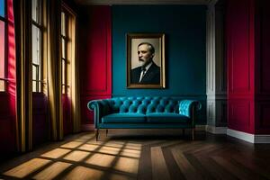 ein Blau Couch im ein Zimmer mit rot Wände und ein Gemälde auf das Mauer. KI-generiert foto