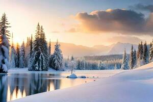 ein schneebedeckt Landschaft mit Bäume und ein See. KI-generiert foto