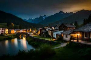 Foto Hintergrund das Himmel, Berge, Fluss, Dorf, Nacht, das Beleuchtung, das Beleuchtung,. KI-generiert