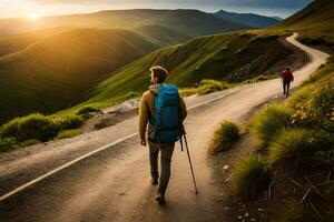 Wanderer auf das Straße zu das Berge. KI-generiert foto