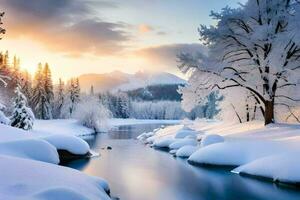 ein Fluss im das Schnee mit Bäume und Schnee. KI-generiert foto