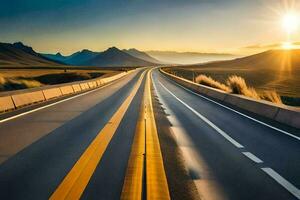 ein Autobahn mit das Sonne Rahmen hinter Es. KI-generiert foto