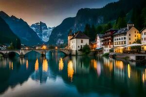 das Stadt, Dorf von hallstatt, Österreich, beim Dämmerung. KI-generiert foto