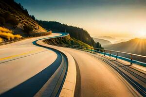 ein Wicklung Straße mit das Sonne Rahmen hinter Es. KI-generiert foto