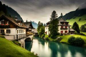 ein Fluss läuft durch ein Dorf im das schweizerisch Alpen. KI-generiert foto