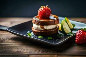 ein Dessert mit Erdbeeren und Eis Sahne auf ein schwarz Platte. KI-generiert foto