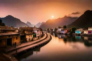 Foto Hintergrund das Himmel, Berge, Fluss, China, das Sonne, Sonnenuntergang, das Berge. KI-generiert