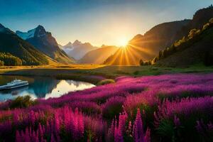 das Sonne steigt an Über das Berge und lila Blumen im das Vordergrund. KI-generiert foto