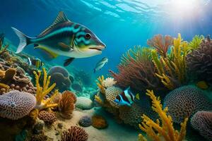 Fisch Schwimmen Über Koralle Riffe. KI-generiert foto