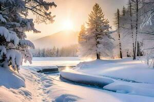 ein schneebedeckt Fluss im das Berge mit Bäume. KI-generiert foto