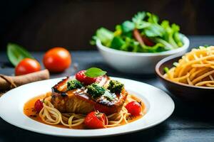 ein Teller von Pasta mit Brokkoli und Tomaten auf Es. KI-generiert foto