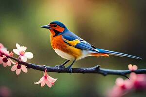 ein bunt Vogel sitzt auf ein Ast mit Rosa Blumen. KI-generiert foto