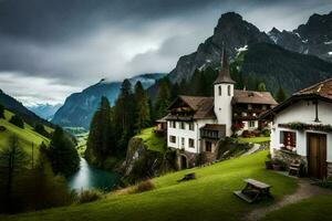 ein klein Dorf im das Berge mit ein Fluss. KI-generiert foto