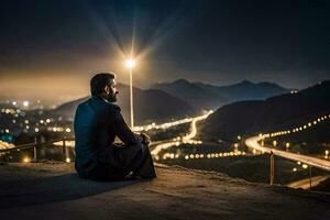 ein Mann Sitzung auf das Kante von ein Cliff suchen beim das Stadt Beleuchtung. KI-generiert foto