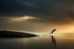 ein Mann Springen in das Wasser beim Sonnenuntergang. KI-generiert foto