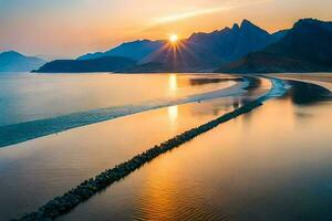 das Sonne setzt Über ein Strand und Berge. KI-generiert foto